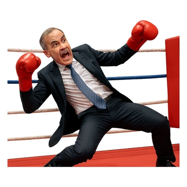 Mark Carney, former Bank of England governor, performing a boxing rope-a-dope move, energetic pose, gloves up, in a boxing ring, expressive face, business attire with boxing gloves, dynamic action, clear background sticker