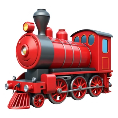 A 3D cartoon red train engine with headlights and wheels visible, realistic reflections, Memoji-style. sticker