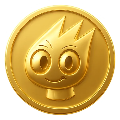 Create a simple flat gold coin with a thin rim, transparent background, no shadows. Feature only the mascot's head from the provided image in gold, centered. No neck or extra details, just the head. Style matches previous option 3 (gold objects style). sticker