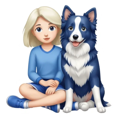 A girl sits with a Blue and white border collie sticker