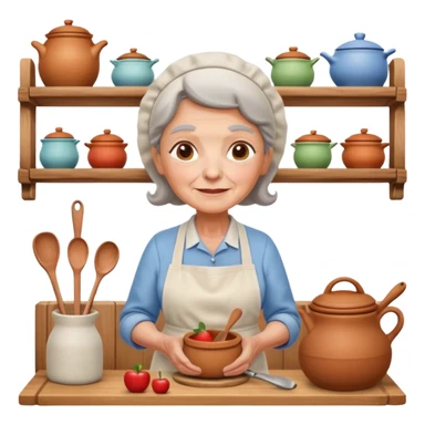 cartoon Apple iOS emoji style rural elderly woman, pastel colors, Chilean wooden kitchen background, clay pots, warm light, detailed and clean vector art sticker