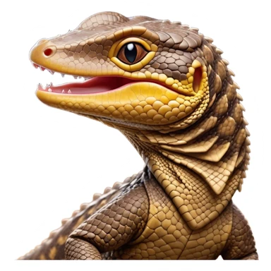 Cinematic Cute Yawning brown camo spotted monitor Lizard Portrait Emoji, Head tilted slightly with a dramatic, wide-open yawn, showcasing textured, patterned scales and sleepy, half-closed eyes exuding relaxed charm, Simplified yet irresistibly adorable features, highly detailed, glowing with a soft, cozy glow, high shine, relaxed yet expressive, stylized with a dash of whimsical wildness, soft glowing outline, capturing the essence of a drowsy yet affectionate reptile that appears ready to stretch out for a nap! sticker