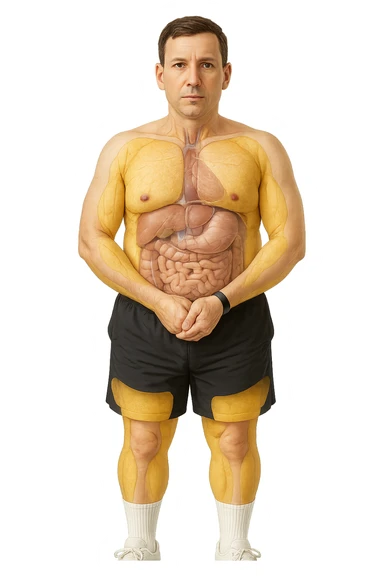 a middle-aged man stands in a clinical setting, with semi-transparent overlays highlighting areas of excess body fat accumulation—such as the abdomen, chest, and thighs. The fat tissue is shown in yellow, contrasting with underlying muscles and organs. The man’s expression is neutral, and the background is clean and modern, emphasizing the educational aspect. senza scritte sticker