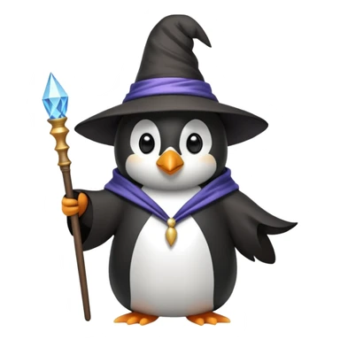 penguin wearing a wizard hat and robe, holding a magic wand sticker