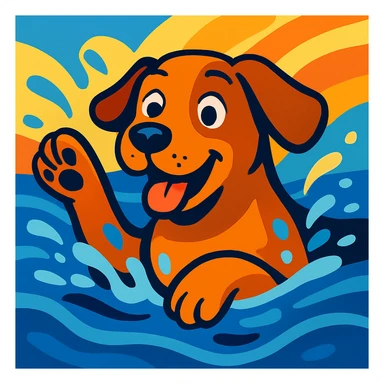 dog swimming in water, vibrant cartoon style, colorful, dynamic, lively sticker