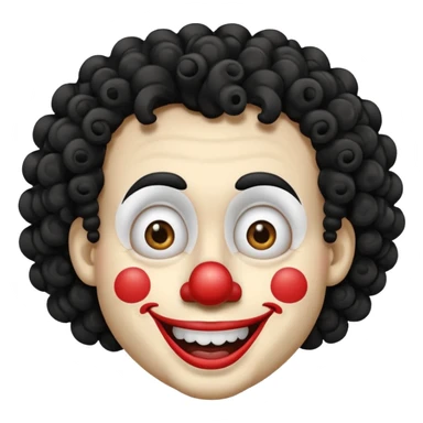 generate clown emoji with a big curly black hair 

wide black smile, long and pointy white nose sticker