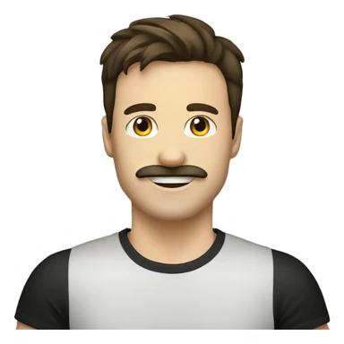 a profile picture of a happy white guy with long dark brown straight hair a moustache and a black t-shirt sticker