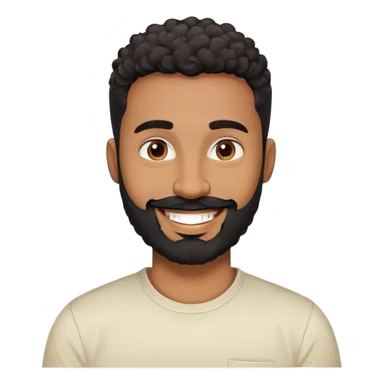 Man in his 30s with medium brown skin. Round face with friendly expression. Dark eyes with cheerful look. Thick eyebrows. Wide nose. Full black beard, well-trimmed. Short curly black hair with fade cut. Wearing a cream t-shirt. Big smile. sticker