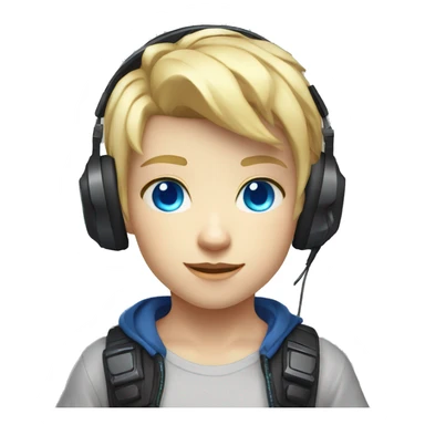 Blonde Short hair Gamer kid with blue eyes with headset and gamepad with neon Lighting sticker