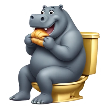 Fat hippopotamus eating a moly croissant while sitting on a golden toilet sticker