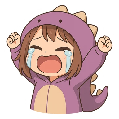 Chibi anime style gamer girl with glasses, brown hair, dark purple eyes, wearing a purple dinosaur costume, new pose with arms up in excitement, making a crying expression, no controller, no background, same style as reference. sticker