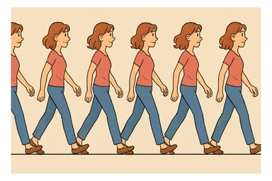 animated sequence of a woman walking on a horizontal runway, showing step-by-step frames of her walking motion, clear and expressive style sticker