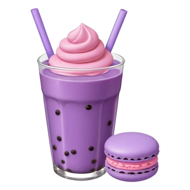 purple boba drink emoji with a macaron, no eyes, no mouth, simple and iconic sticker