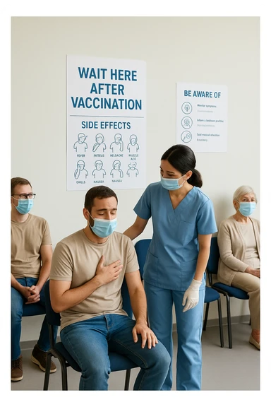 a group of people in a waiting area after vaccination, with one person looking slightly uncomfortable or dizzy. A nurse is nearby, ready to assist, and informational materials about possible side effects are visible on the wall. The mood is calm and responsible, emphasizing monitoring and care. in italiano sticker