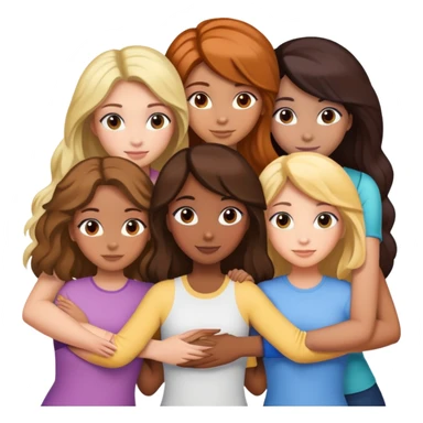 six girl friends, arms around each other, with the specified hair, eye, and skin color diversity sticker