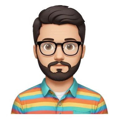 a 30-year-old man with light skin, medium solid build, wide face, soft cheeks, rounded jawline, neutral relaxed expression, short dense full beard, wavy voluminous brown-black hair at the front, large rectangular black thick frame glasses, colorful button-up shirt open showing white t-shirt sticker