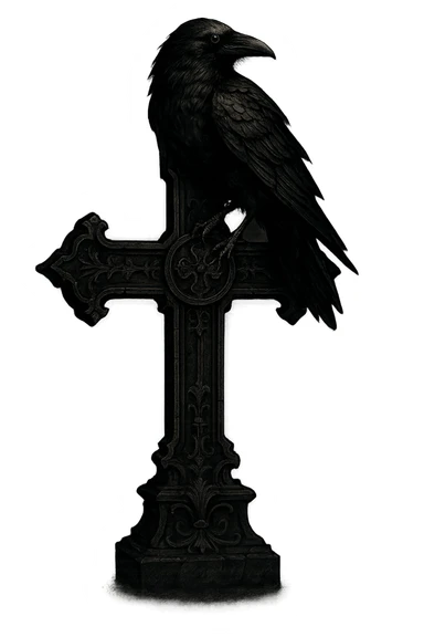gothic style cross with a raven perched on it, dark gothic atmosphere, transparent background sticker