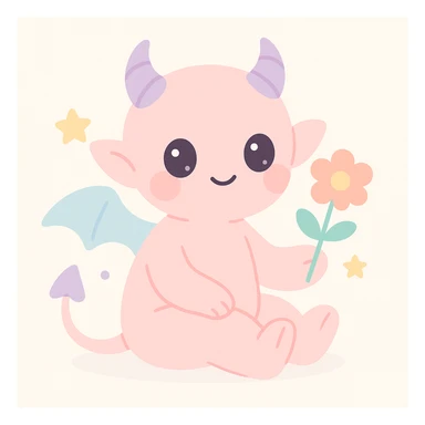 a gentle imp holding a flower, sitting peacefully, soft lighting, friendly vibe, calm and serene sticker