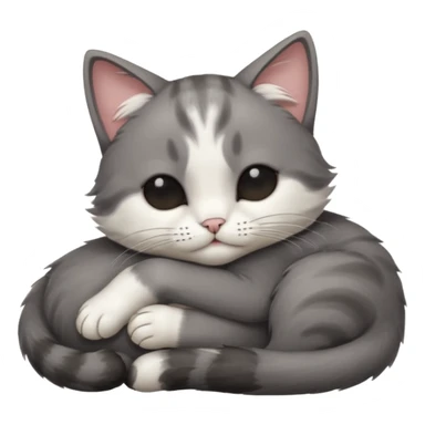 dark grey and white small cat with eyes closed, leaning his head on his paw while leaning on his elbow lying down sticker