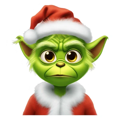 Soft cuddly baby grinch like character with cute expression fuzzy costume and Santa hat sticker