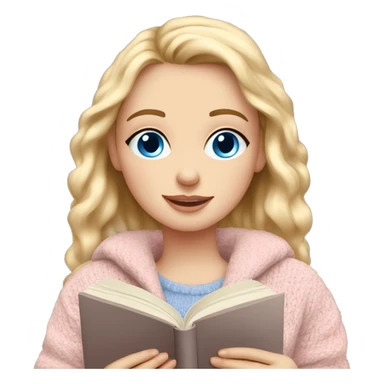 Pretty blue eyed white girl with light pink sweater reading cozy sticker