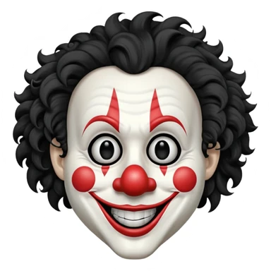 generate white clown mask emoji with a big curly black hair 

wide black coloured smile, no red nose but instead long and pointy white nose with no nostrils, pitch black eyes with no pupils, no brows sticker