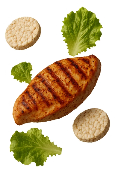 petto di pollo grigliato fluttua in aria insieme a gallette di riso e foglie di insalata, iperrealistico 4k sticker