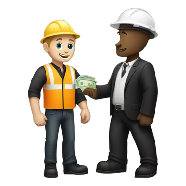 A white guy in a black suit receiving money from a construction worker sticker