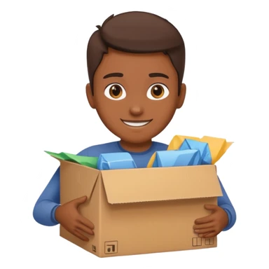Generate a realistic emoji-style icon of the a person clever packing a package. That he´s clever by packing a box has to be easily noticed. sticker
