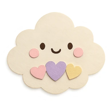 kawaii puffy cloud holding tiny pastel hearts, soft pastel colors, no limbs, full body, paper craft style sticker