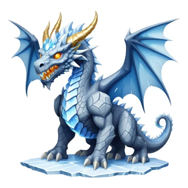 This extraordinary hybrid creature combines the elemental power of an ice dragon with the raw physical might of a stone golem. Its core body resembles a cluster of angular, faceted stones that have been infused with magical ice energy. The creature's head features a draconic shape with curved horns and piercing amber-gold eyes, but parts of its face retain the jagged stone texture. Blue-white energy flows between the gray rock segments, creating glowing lines throughout its body. The creature has developed partial wings made of crystalline ice formations extending from its rocky frame, and its tail alternates between stone segments and ice spikes. Sharp teeth line its mouth, some appearing as polished stone, others as ice crystals. Frost continuously emanates from its body, and when it moves, it creates a distinctive sound of grinding stone and crackling ice. full body sticker