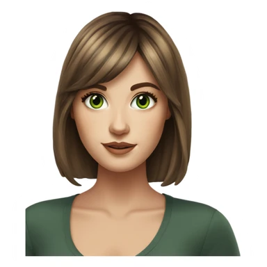 White girl green eyes with medium length voluminous brown hair with brown highlights balayage bangs sticker