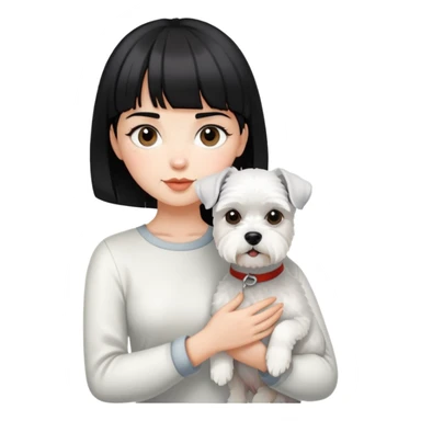 Girl with short black hair and bangs holding a white schnauzer dog sticker