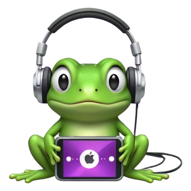 A cute green cartoon frog sitting with a neutral expression, wearing large black over-ear headphones. The frog is connected by a wire to a small, classic-style iPod with a purple screen, placed in front of it. The background is a dense black-and-white noise pattern resembling TV static. sticker