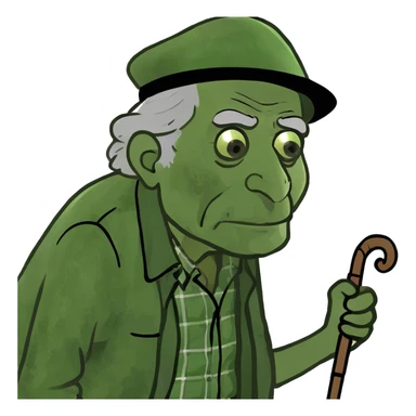 Old man leaning on a walking cane and holding his crancky back with his hand, grumpy face, detailed sticker