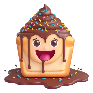 Rectangular chocolate mini pastry, messy chocolate dripping, sprinkles flying, surprised eyes, open mouth, text above: "ПАСТИЧКА", chibi style, Twitch emoji style, transparent background, colorful
 sticker