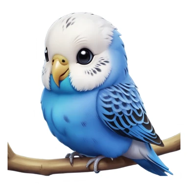 cinematic-cute-blue-budgie-portrait-emoji,-head-tilted-playfully-and-inquisitively,-featuring-a-brilliant-blue-feathered-fur-and white and black feathered face-with-a-natural-sheen,-round,-sparkling-dark-eyes-filled-with-curiosity,-simplified-yet-irresistibly-adorable sticker