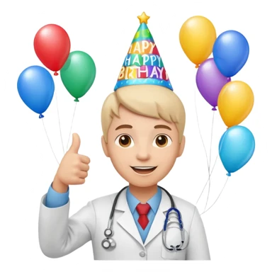 cute doctor character giving a thumbs up, surrounded by birthday decorations and a 'Happy Birthday' banner sticker