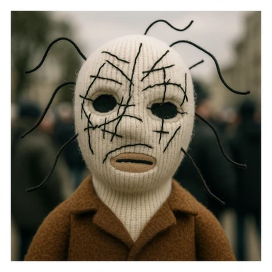 The mask is a full-head, white knitted balaclava with a tight ribbed texture. It features two asymmetrical eye openings and a partially exposed mouth area. Black thread is stitched across the surface in chaotic, abstract lines that trace facial features, giving a hand-drawn effect. Several black cords extend outward from the mask, varying in length and direction, adding a sculptural, almost organic appearance. The overall look is bold, handcrafted, and visually striking. sticker