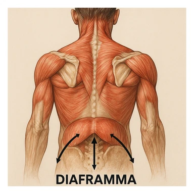 vista posteriore del busto umano con muscoli del collo e scapole in tensione, diaframma bloccato indicato con frecce, didascalia in italiano sticker