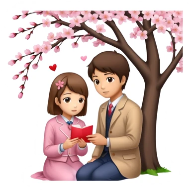 Japanese high school boy confessing love to a girl under cherry blossom tree with love letter sticker