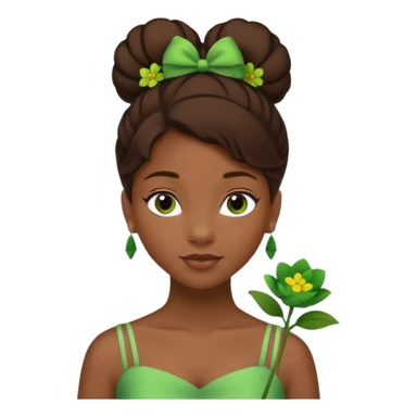 tạo cho tôi emoji tạo hình của công chúa da đen tóc nâu búi tóc 1 bên trên đỉnh đầu, cô ý cài hoa màu xanh lá cây. không đeo khuyên tai sticker