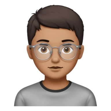 personagem com corte de cabelo Wolf cut curto, cabelo castanho escuro, olho castanho escuro, sombrancelha castanho escuro, óculos sem aro prata quadrado. sticker