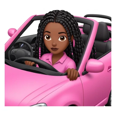 A dark-skinned Black woman with black box braids, driving a pink car sticker