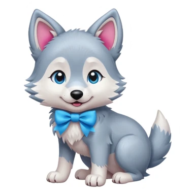an animated gif-style sticker emote of a wolf puppy in a play-bow wagging its tail in a smooth, natural arc over its back. It has a pink bow on one ear and bright blue eyes sticker