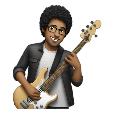 white guy, black hair, wearing glasses, playing bass guitar sticker