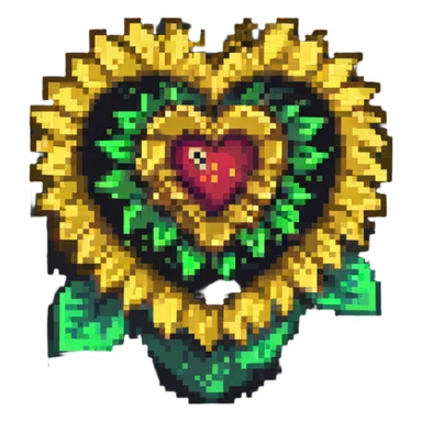 a sunflower blooming around a human heart, 8-bit style, pixel art sticker