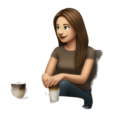Side view realistic posh brown straight haired pale woman sits at the coffee table sticker