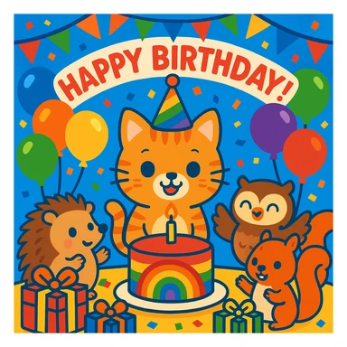 vibrant-toon style birthday party scene with a rainbow color theme including rainbow balloons, multicolored decorations, confetti, a large rainbow birthday cake, gifts, and a festive atmosphere. Main character is a ginger tabby kitten wearing a birthday hat, surrounded by a hedgehog, owl, and squirrel also celebrating. Prominent 'Happy Birthday!' message included in the scene. sticker