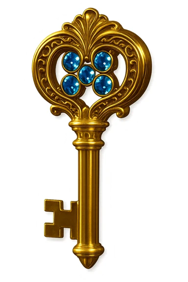 Add shiny blue diamonds to the classic skeleton key in gold, keep the background transparent. sticker